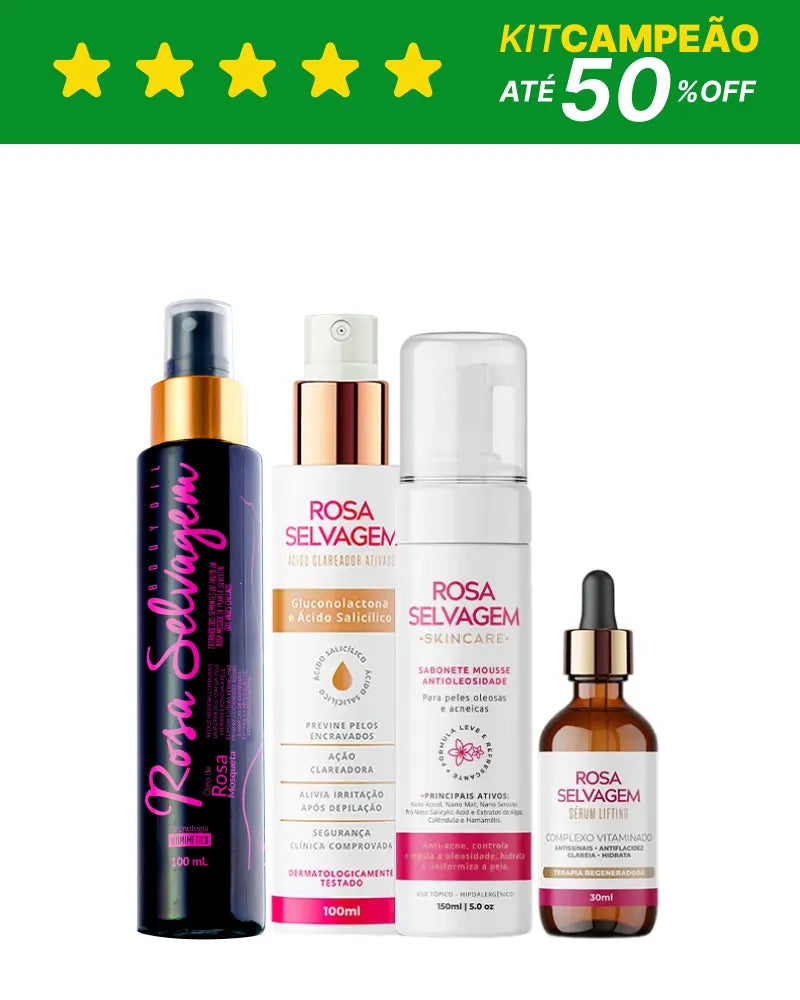 KIT Skincare: Ácido Clareador + Espuma de Limpeza+ Sérum Lifting + Óleo Clareador