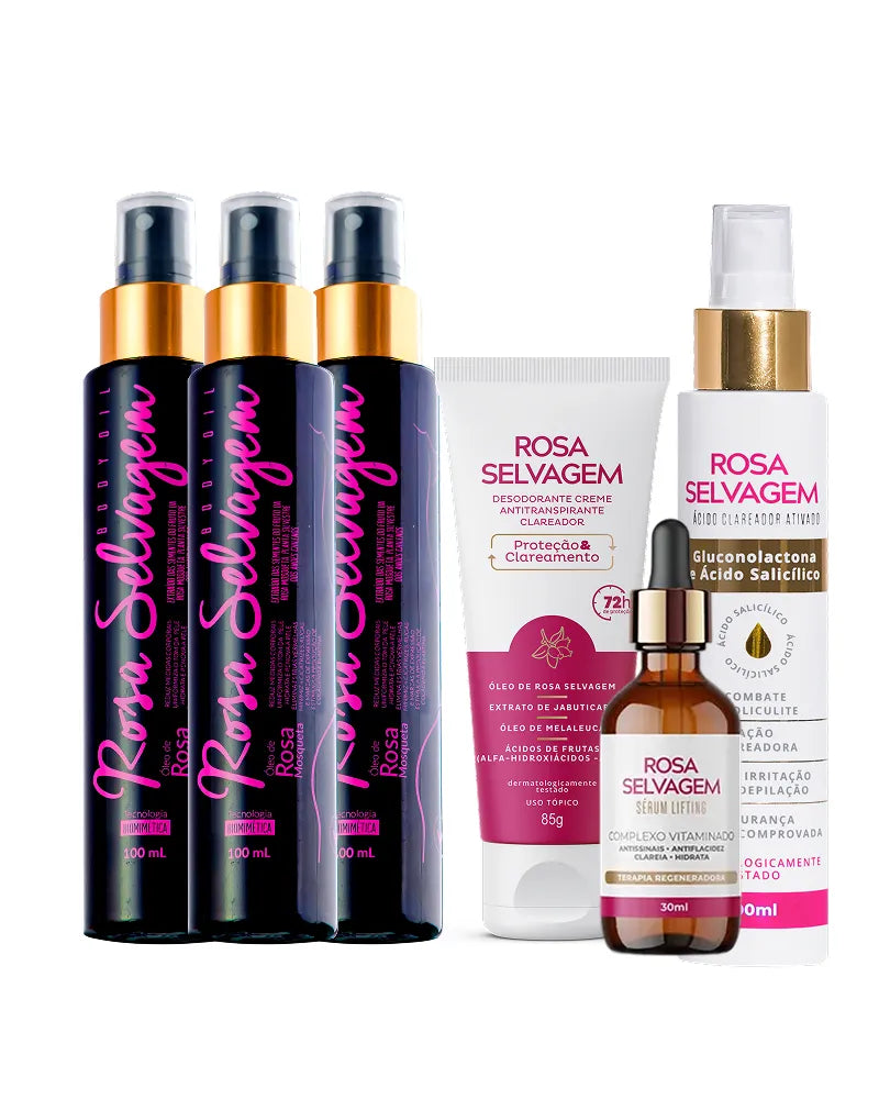 KIT Rosa Selvagem Economy - 3 óleos + Ácido + Desodorante Creme + Sérum lifting