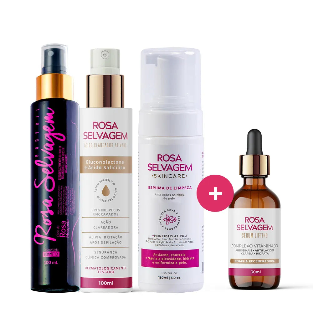 Kit Skincare: Ácido Clareador + Espuma de Limpeza+ Sérum Lifting + Óleo Clareador