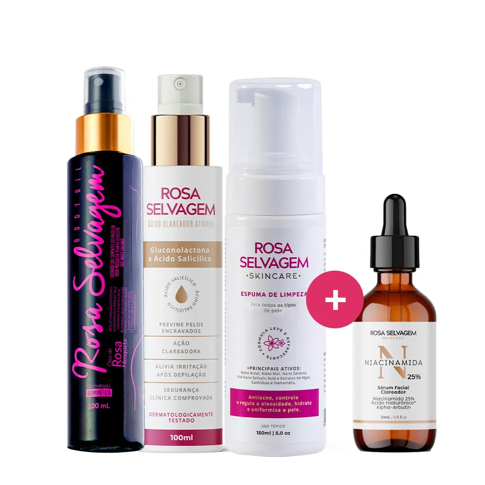 Kit Skincare: Ácido Clareador + Espuma de Limpeza+ Sérum Niacinamida 25% + Óleo Clareador