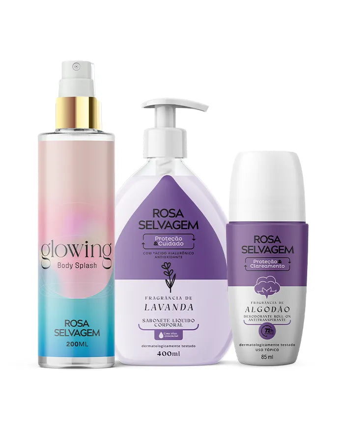 KIT SABONETE LÍQUIDO LAVANDA + GLOWING + DESODORANTE ALGODÃO