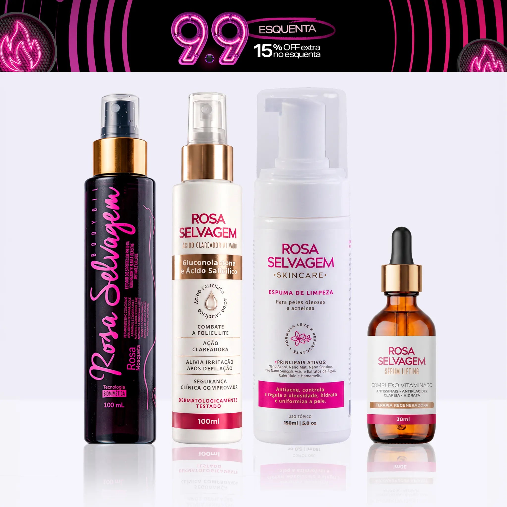 KIT Skincare: Ácido Clareador + Espuma de Limpeza+ Sérum Lifting + Óleo Clareador
