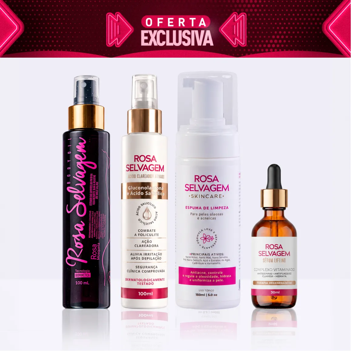 KIT Skincare: Ácido Clareador + Espuma de Limpeza+ Sérum Lifting + Óleo Clareador - Oferta Exclusiva