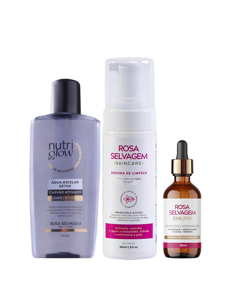 Espuma de Limpeza + Serum Lifting + Água Micelar de carvão ativado