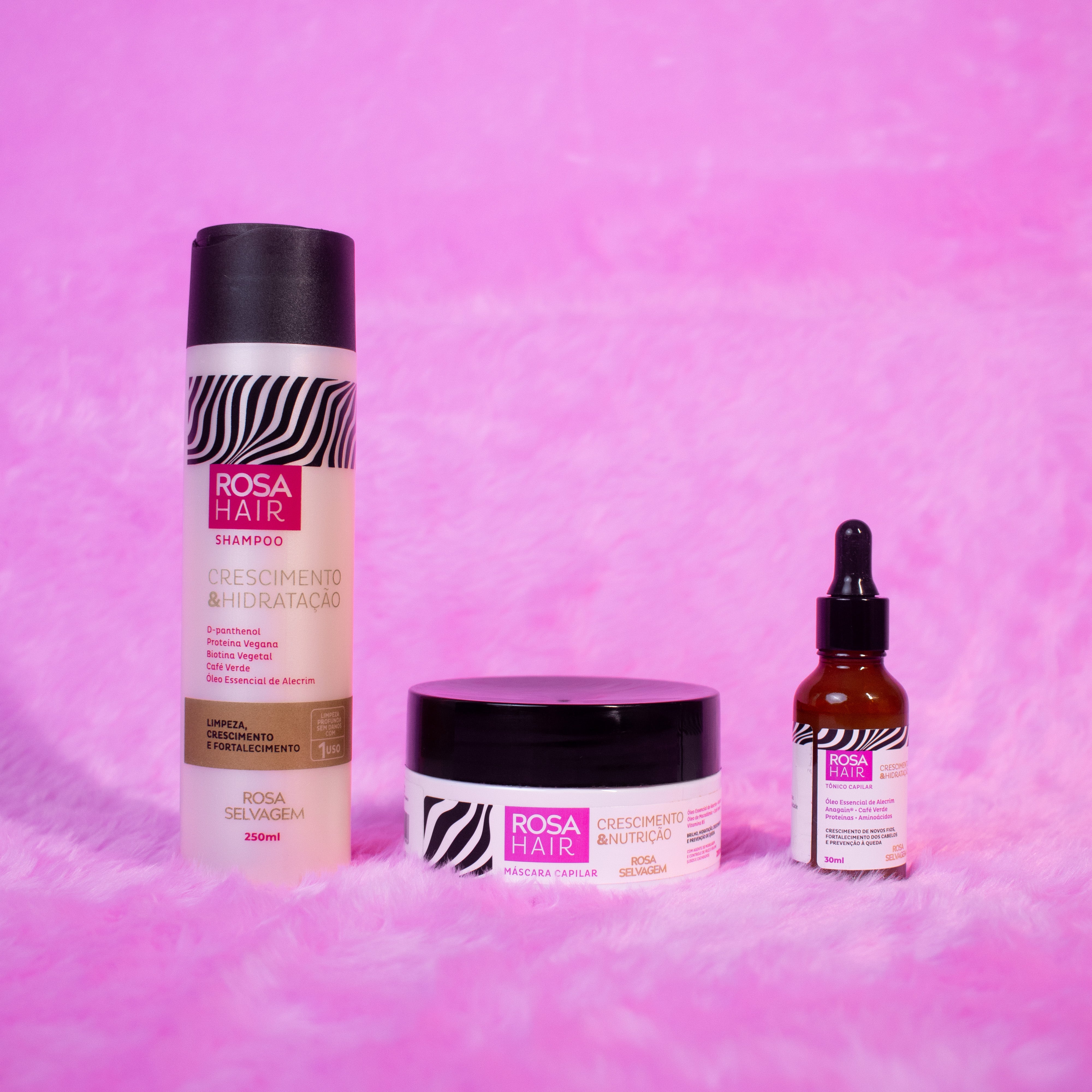 Kit Rosa Hair Crescimento Capilar: Shampoo + Máscara + Tônico