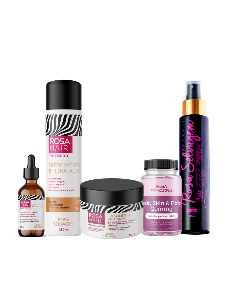 Kit Rosa Hair Crescimento Capilar: Shampoo + Máscara + Tônico + Gominha + Óleo