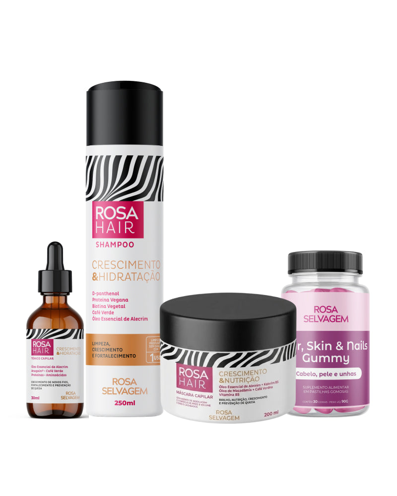 Kit Rosa Hair Crescimento Capilar: Shampoo + Máscara + Tônico + Gominha