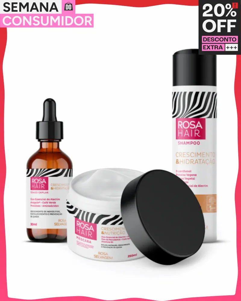 Kit Rosa Hair Crescimento Capilar: Shampoo + Máscara + Tônico