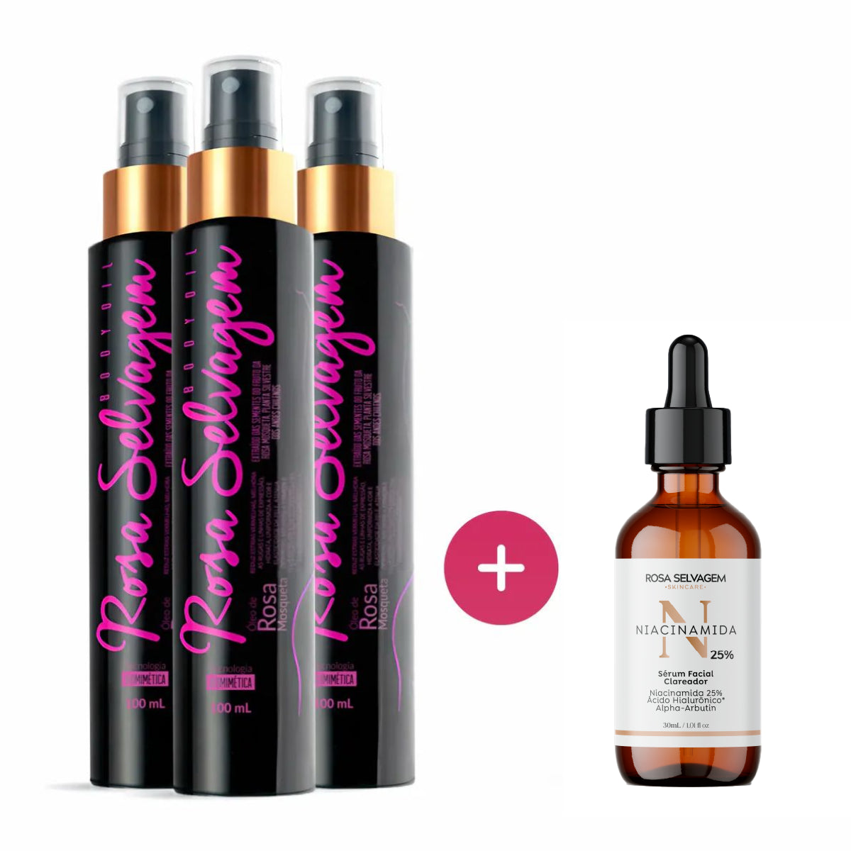 Rosa Selvagem - Óleo Clareador Corporal 3 unids. + Sérum Niacinamida 25%